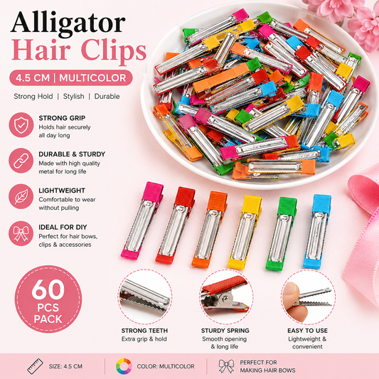 Ribbon Alligator Hair Clips 5.5 CM | Multicolor | Pack of 60 Pcs