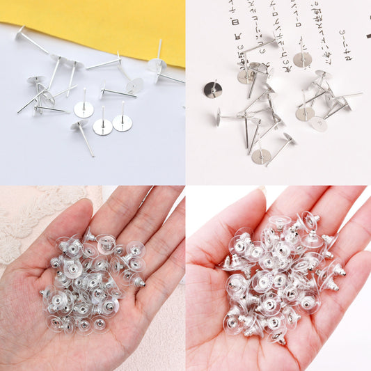 100 Pieces Each Combo of Earring Stud Pin with Silicone Rubber Push Lock Earring Back for Jewellery Making -