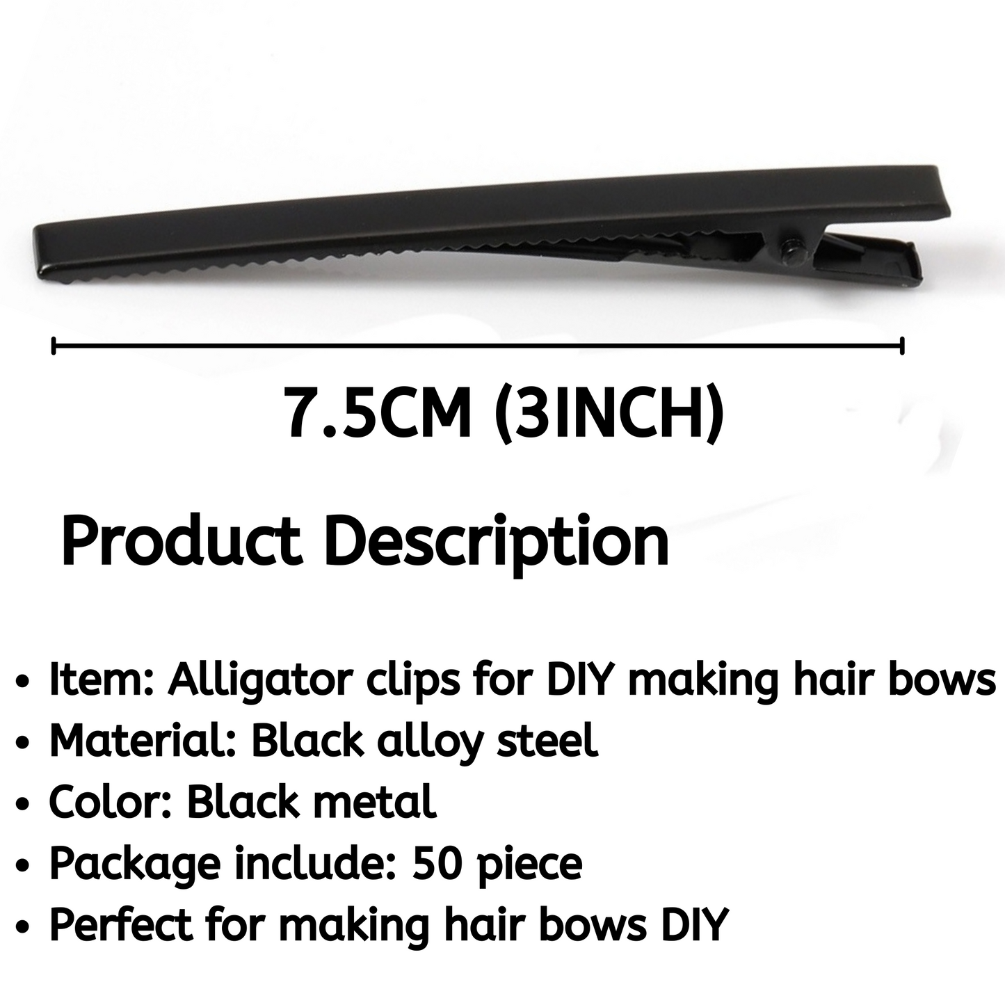 7.5cm (50pc) Black Alligator Hair Clip - DIY Hair Clips