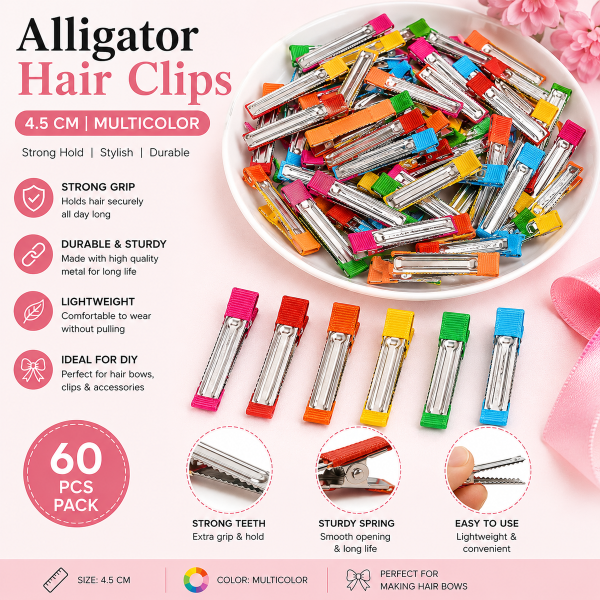 Ribbon Alligator Hair Clips 5 CM | Multicolor | Pack of 60 Pcs