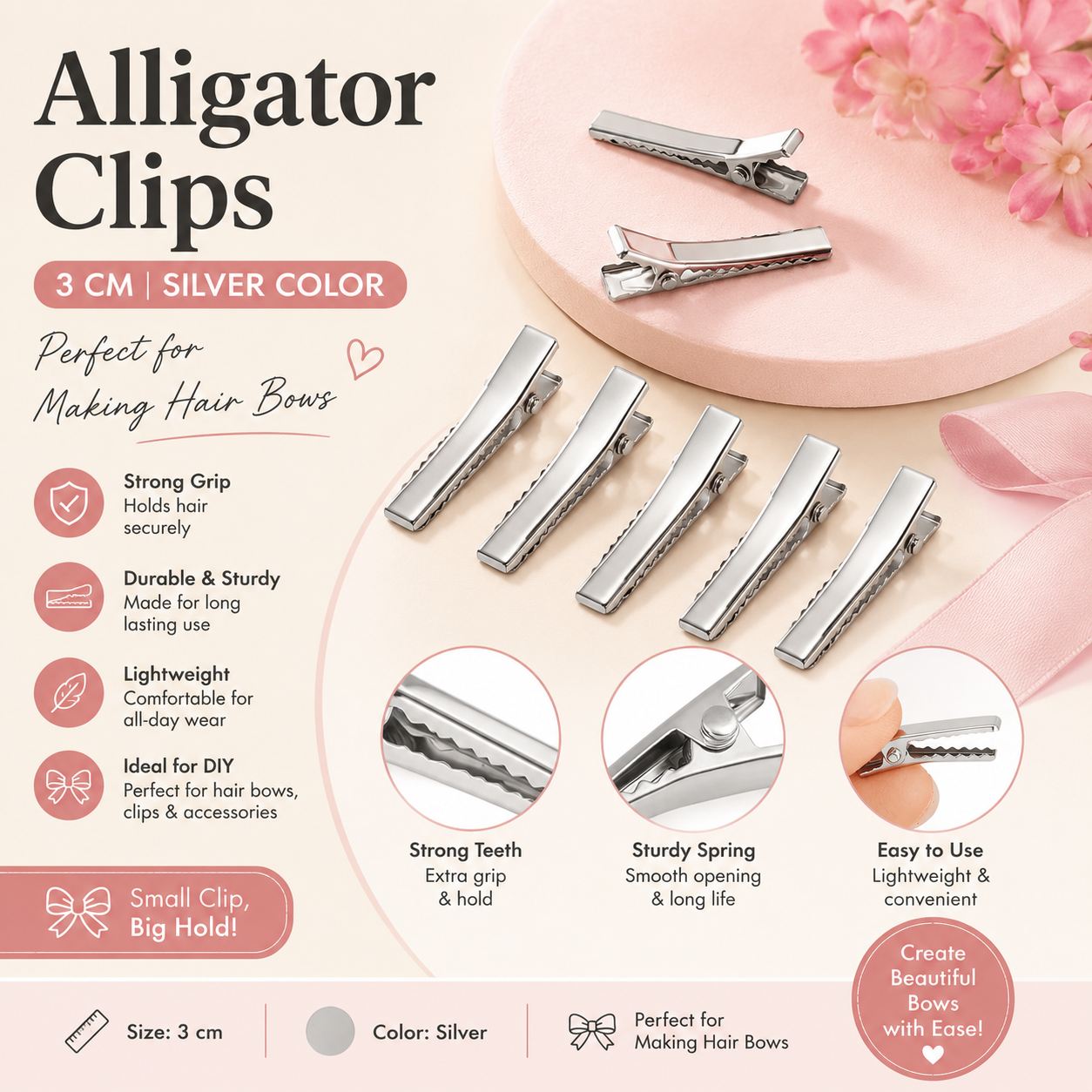 Pack Of 100pc 3cm Silver Alligator Clips for Hair Bows