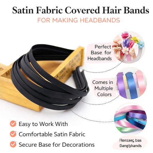 50pc Black Satin Fabric Covered Hair Bands
